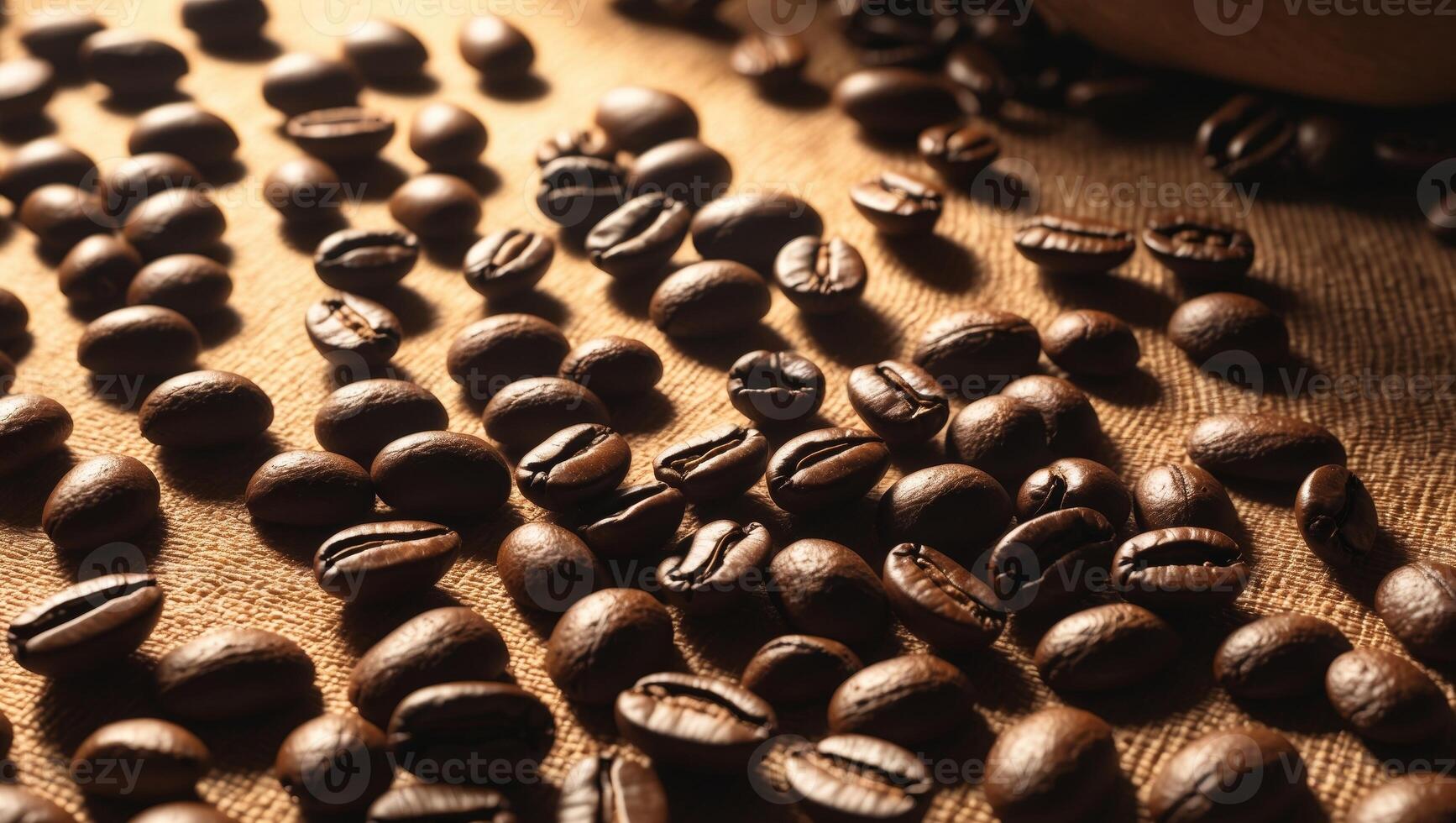 Brown coffee beans scattered on textured surface with warm lighting and soft shadows Copy Space. photo