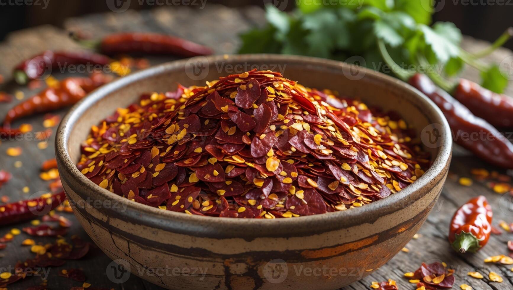 A Rustic Bowl Filled with Colorful Chili Flakes Perfect for Your Culinary Uses and Delightful Dishes photo