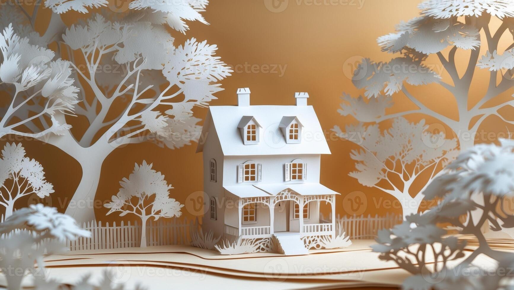 A Charming and Delightful Paper Cut Landscape Featuring a House Surrounded by Trees. photo
