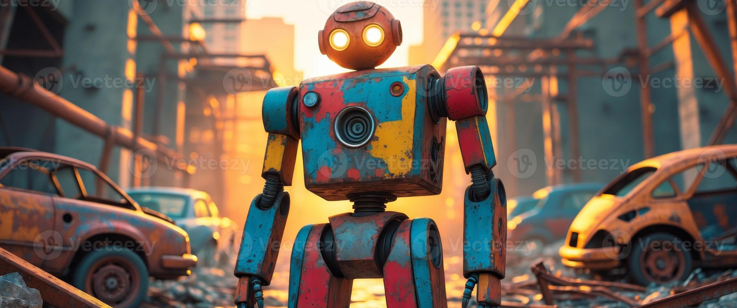 Rusty Robot Stands in Urban Decayed Cityscape. photo