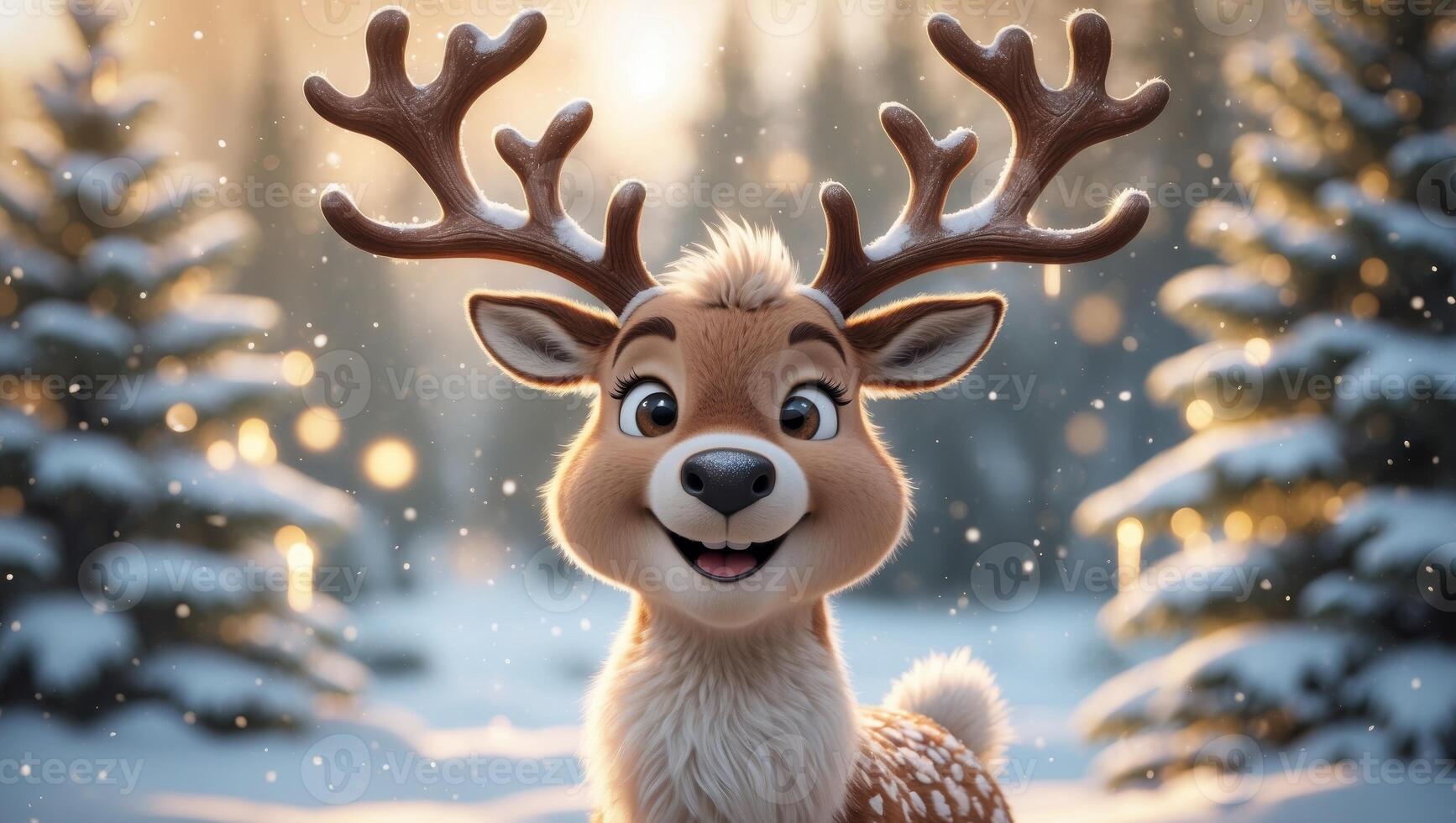 A Cheerful Cartoon Reindeer with Big Antlers Enjoying the Beauty of a Winter Wonderland. photo