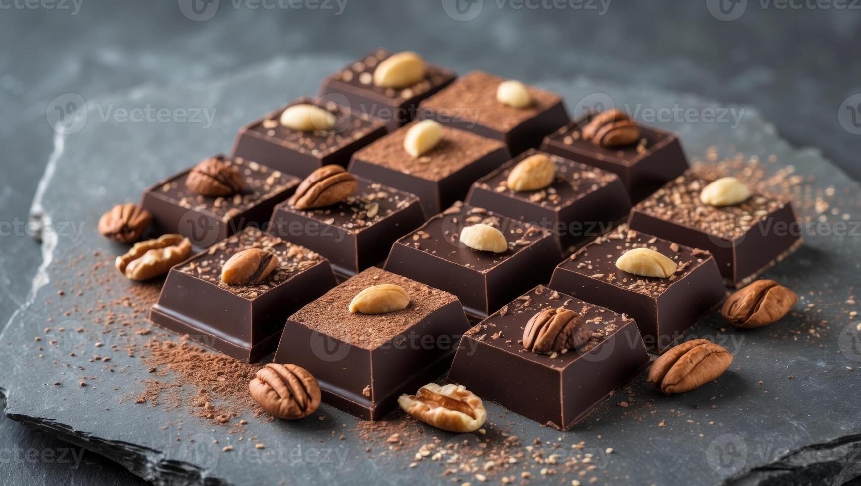 Dark chocolate squares with nuts and cocoa powder on slate. photo