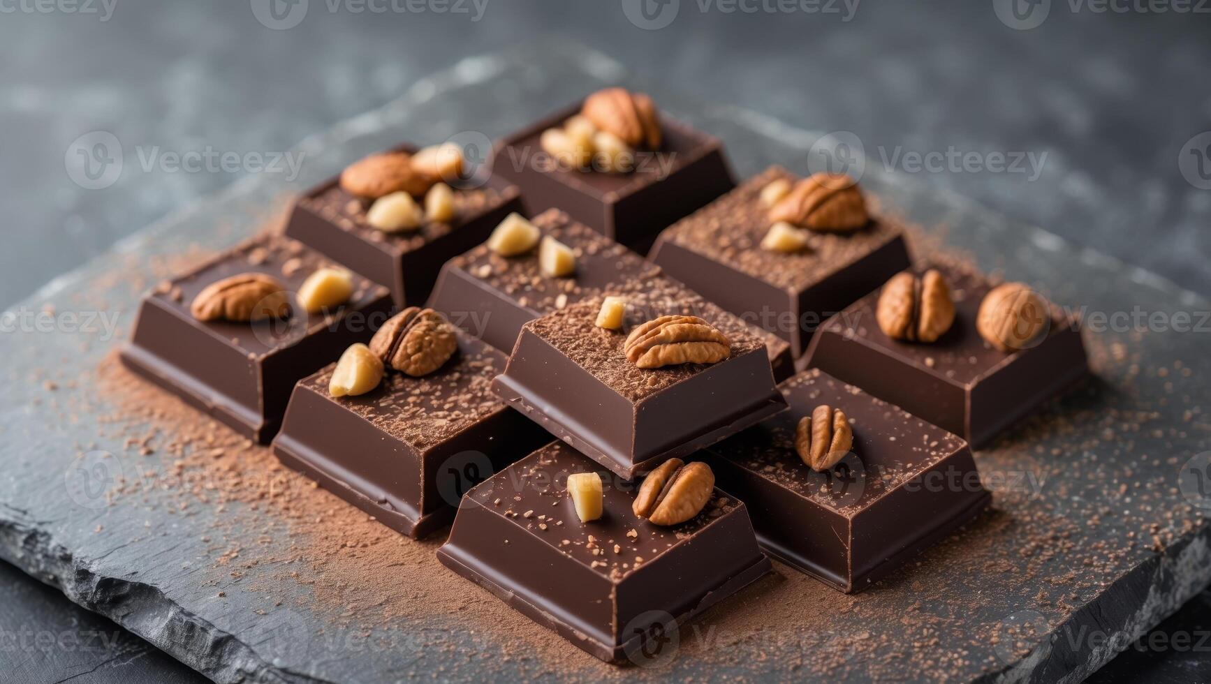Dark chocolate squares with nuts and cocoa powder on slate photo