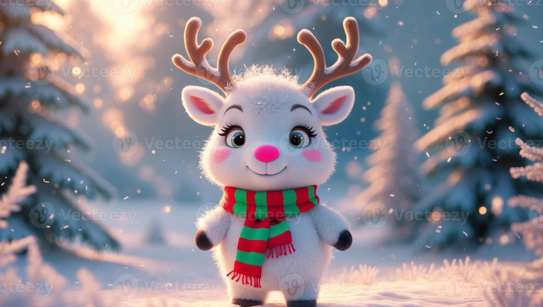 Adorable and Cute Animated Reindeer Wearing a Scarf in a Beautiful Winter Wonderland photo