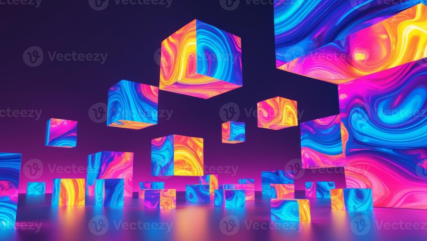 A collection of vibrant abstract cubes radiating a captivating colorful neon glow photo