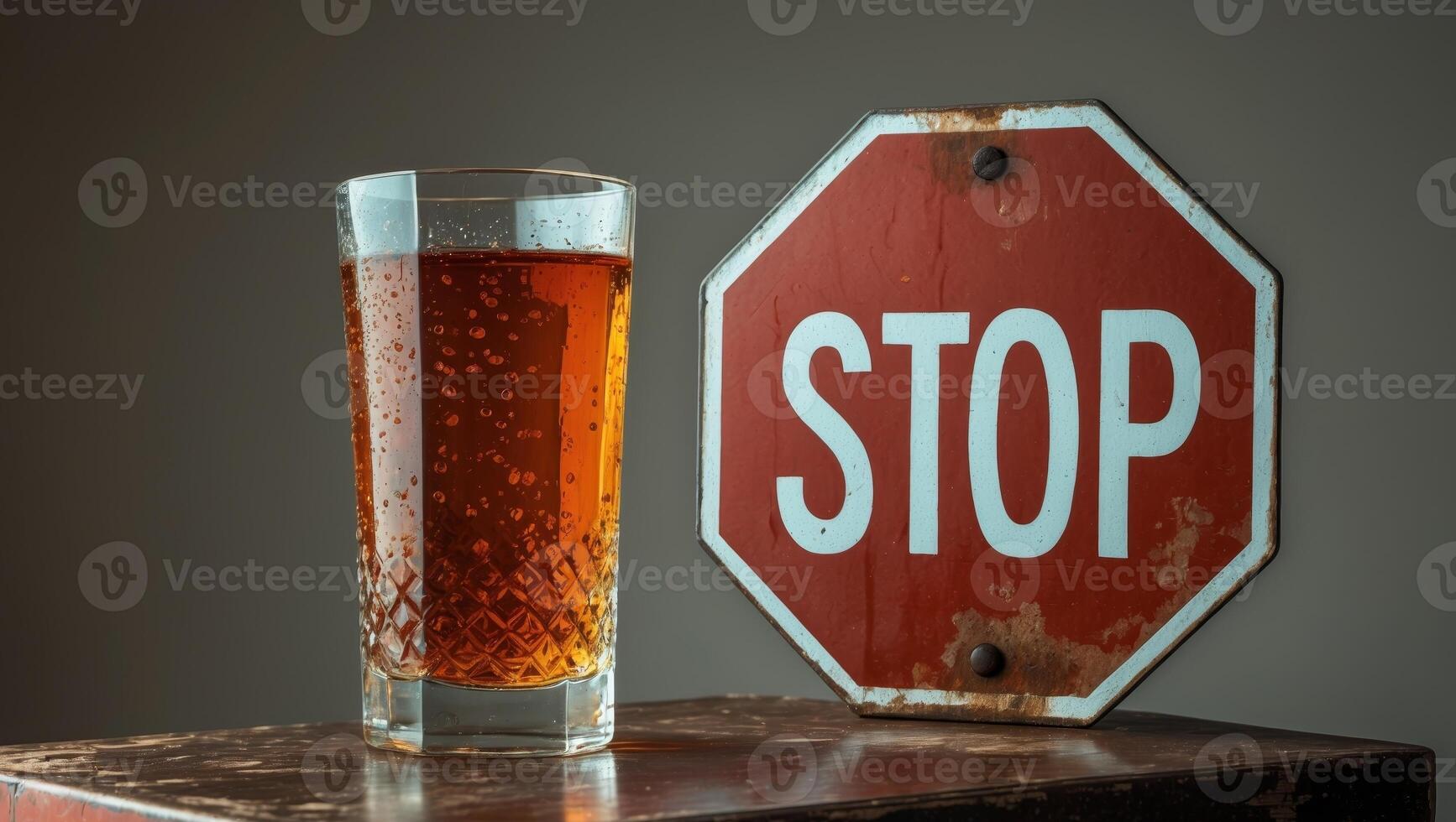Glass of alcohol next to a stop sign symbolizing the need to halt alcohol consumption. photo