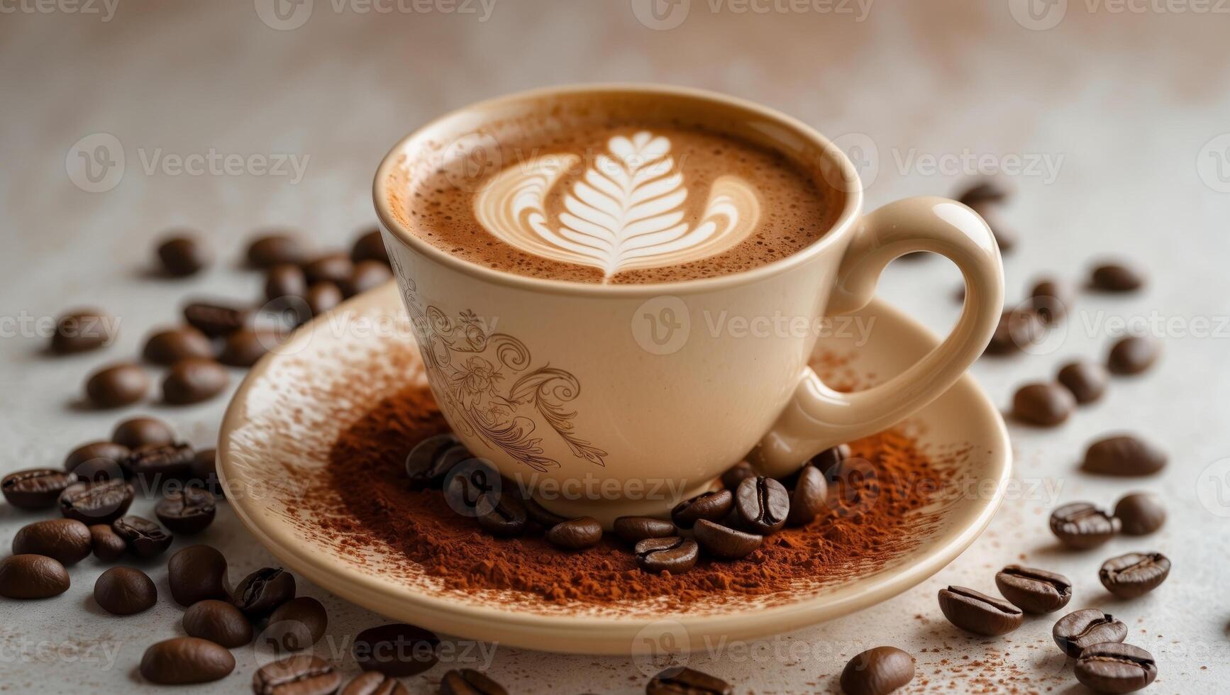 Latte art coffee in a cup surrounded by coffee beans and cocoa powder on a light textured background with Copy Space. photo