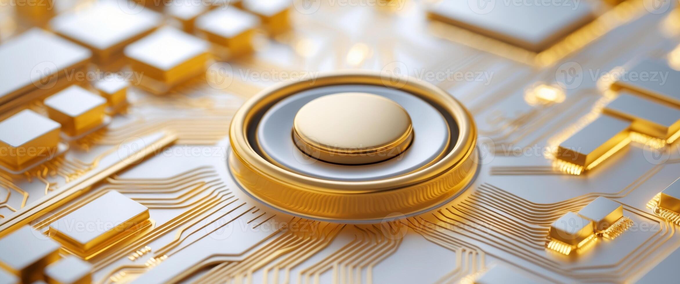 Golden power intricate computer circuitry with prominent gold button closeup photo