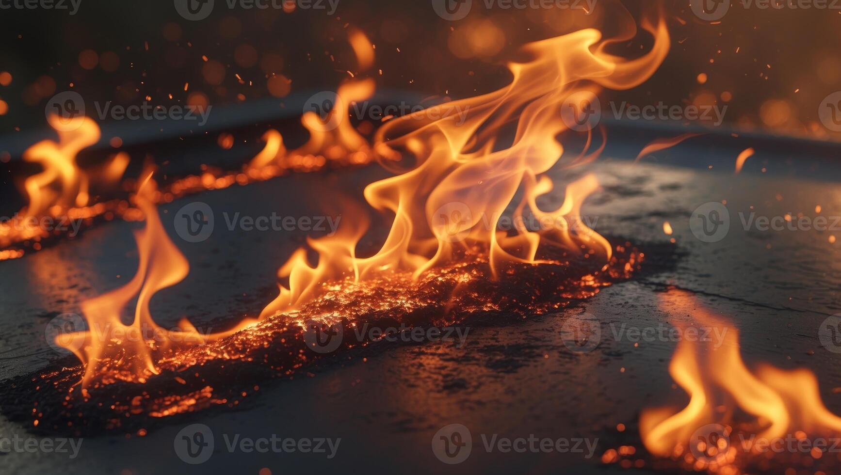 Fire Close Up on Dark Metallic Surface with Glowing Reflections. photo