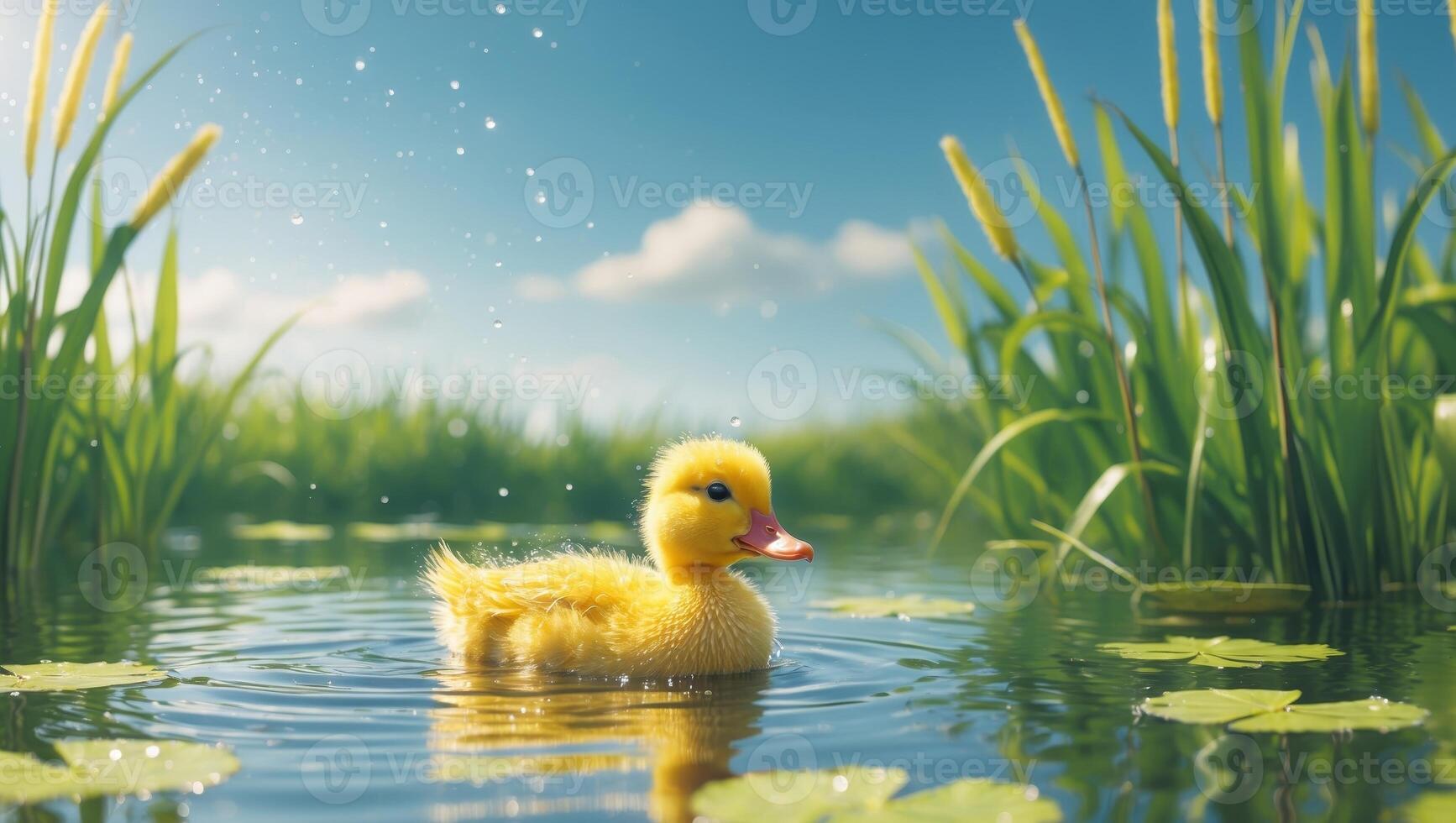 Yellow duckling swimming in a pond with water droplets and greenery in background providing Copy Space for text. photo