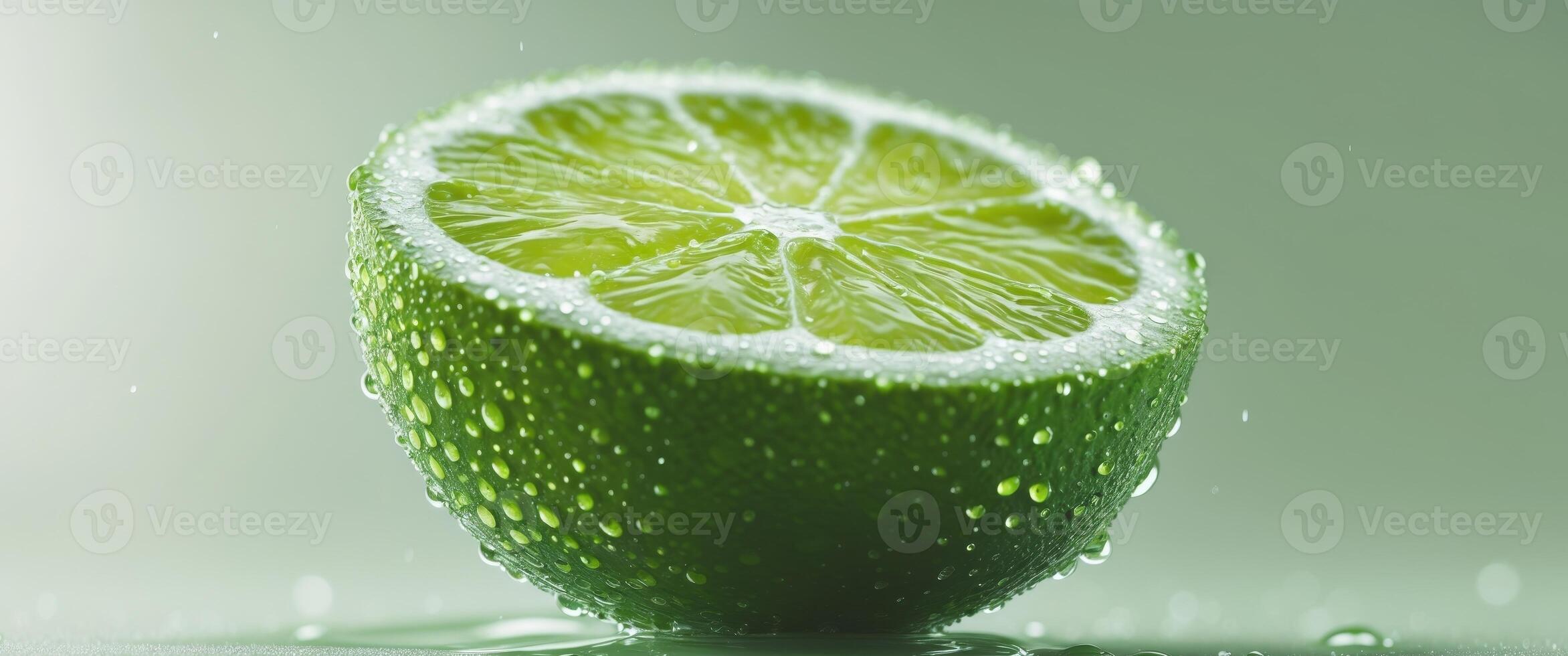 Close Up Of A Vibrant Green Lime Wedge On Pale Green Background. photo