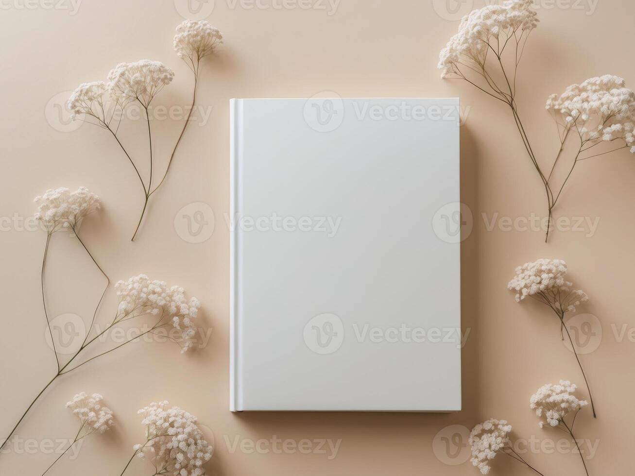 white book blank cover mockup on a beige background with dry flower flat lay mockup photo