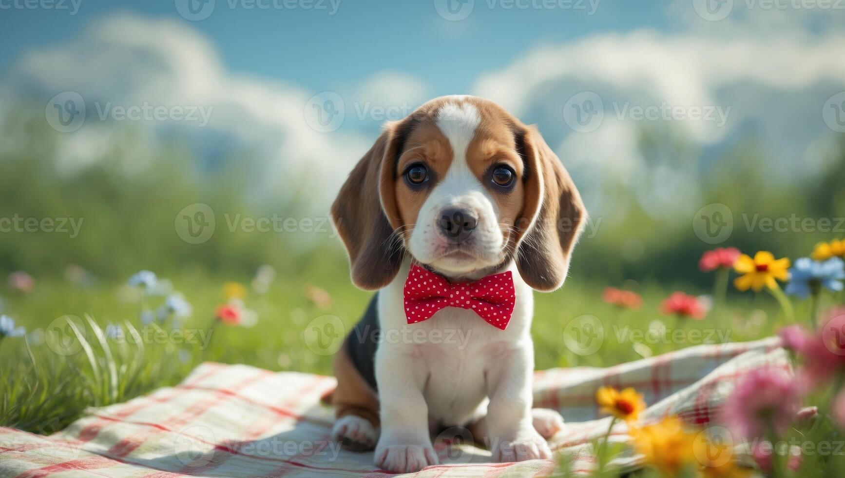 Cute beagle puppy in red bow tie sitting on picnic blanket outdoors. photo