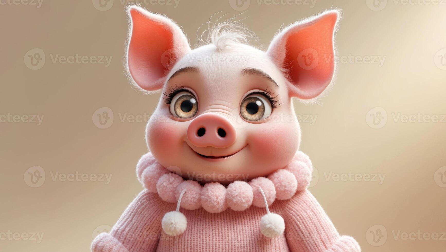 Adorable and Cute Cartoon Pig Character Featuring Big Eyes and Wearing a Cozy Sweater photo