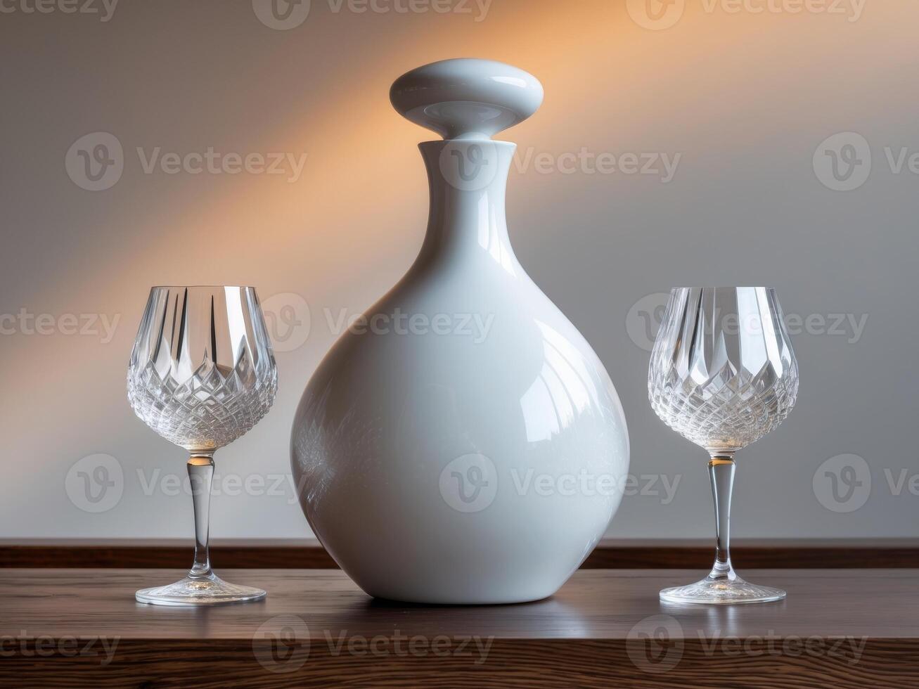 A plain white custom whisky decanter, placed on a dark oak bar with crystal glasses photo