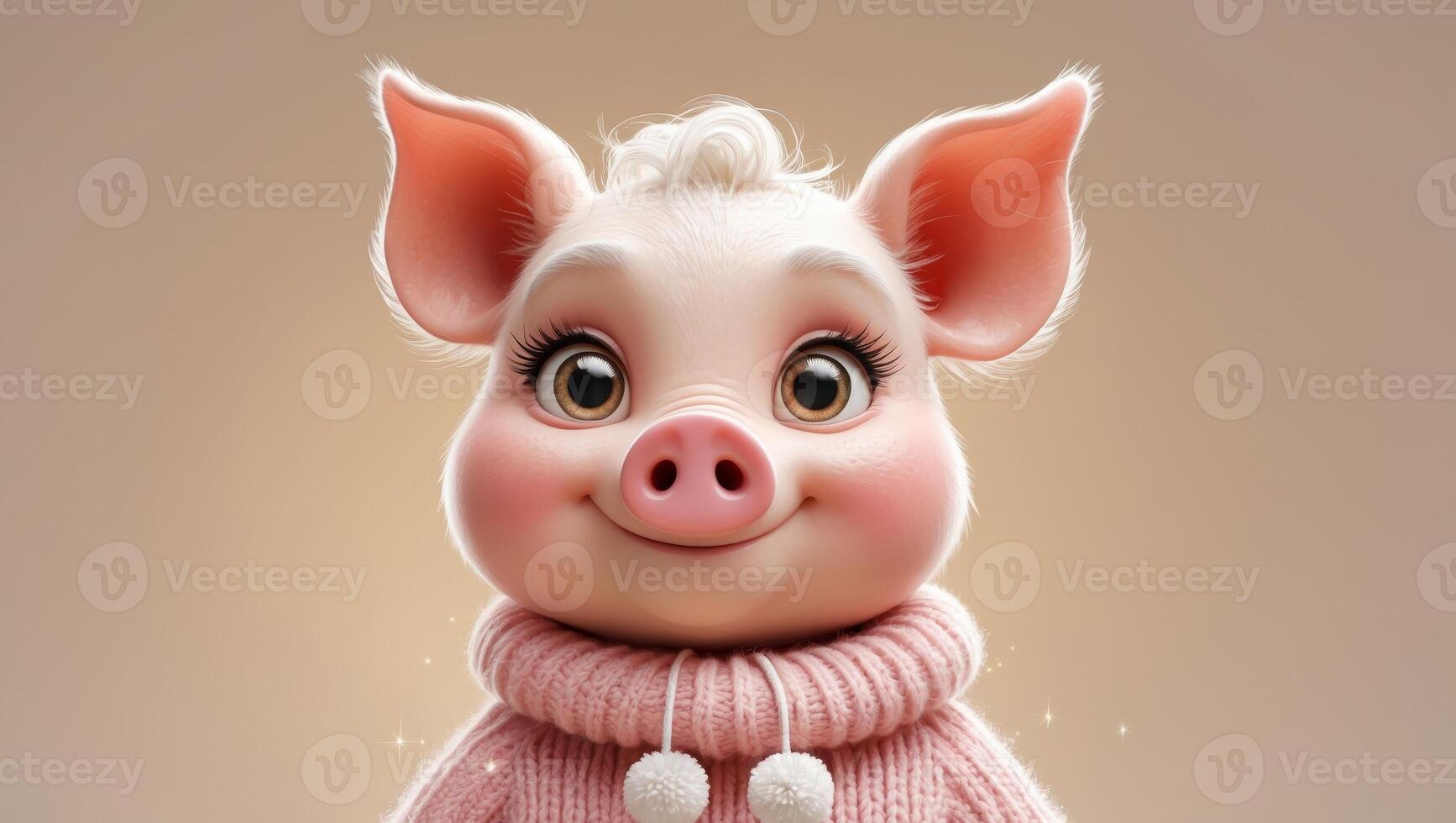 Adorable and Cute Cartoon Pig Character Featuring Big Eyes and Wearing a Cozy Sweater. photo