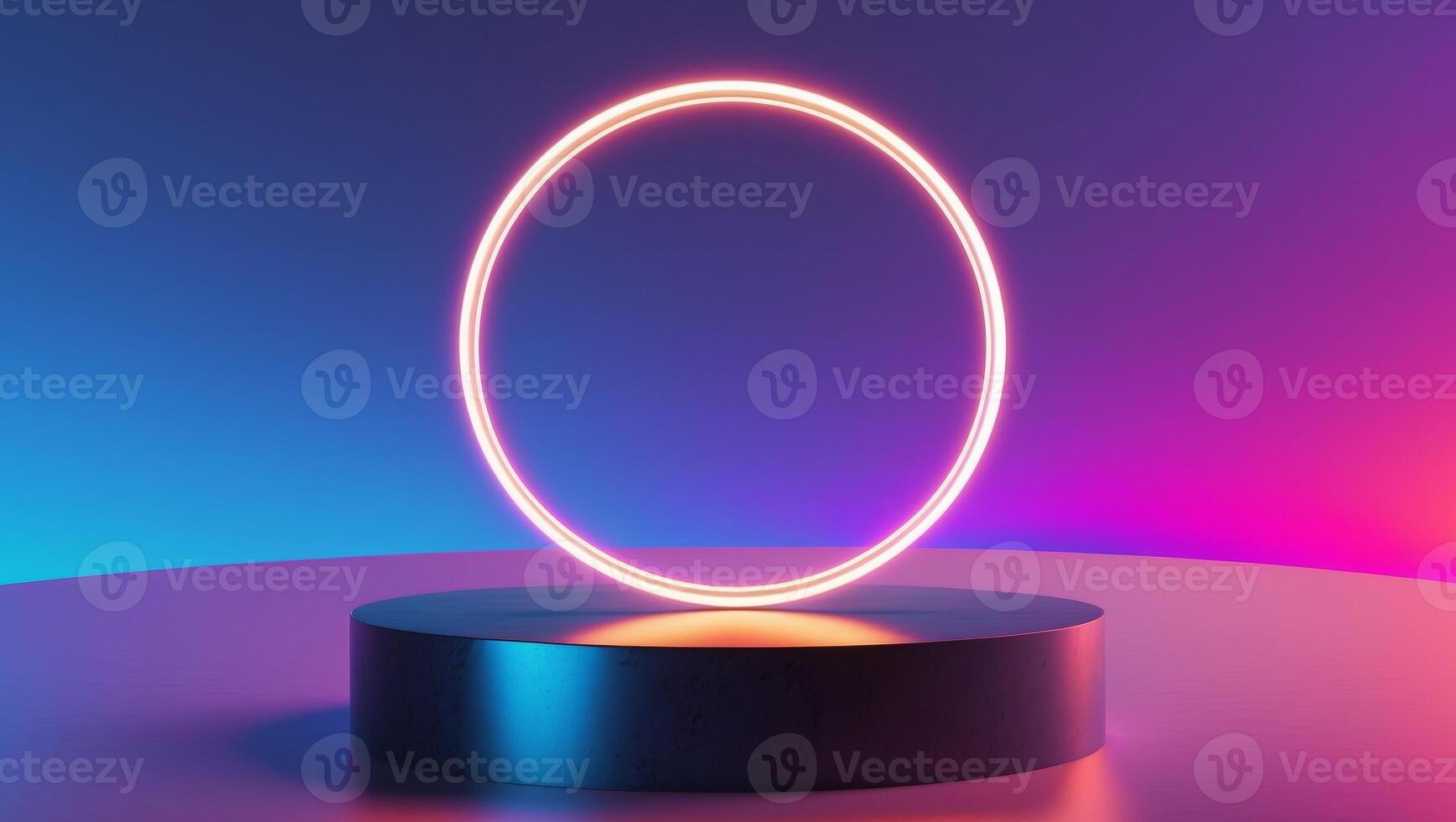 A Neon Circle above a Dark Pedestal with a Vibrant Gradient Background enhances appeal. photo
