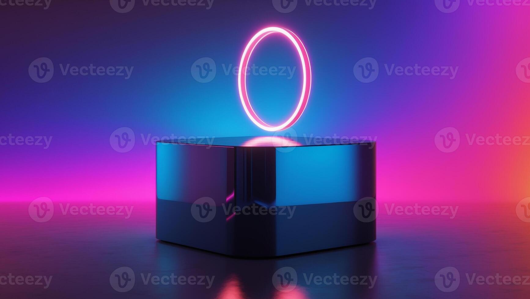 A Neon Circle above a Dark Pedestal with a Vibrant Gradient Background enhances appeal photo