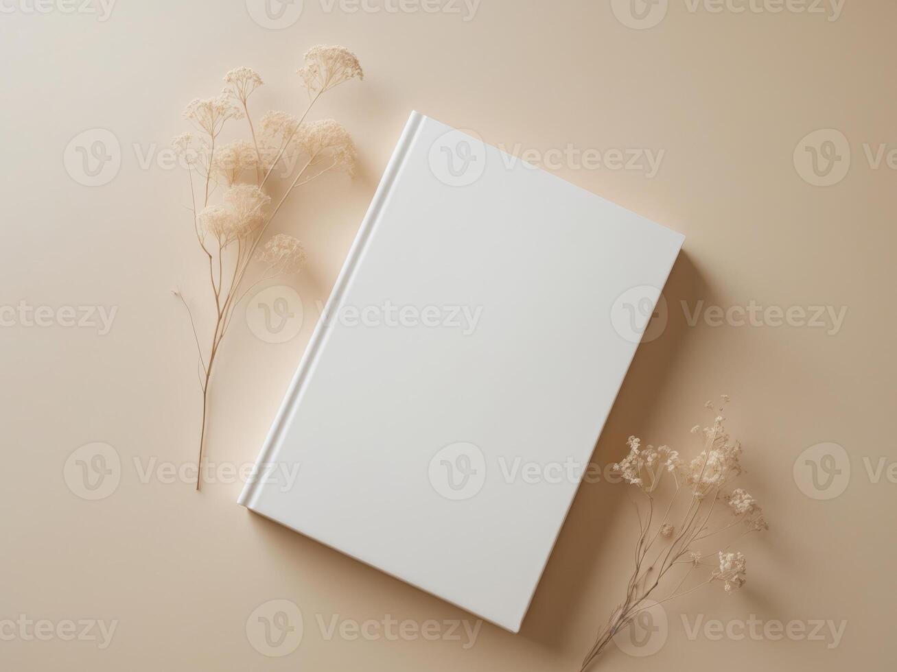 white book blank cover mockup on a beige background with dry flower flat lay mockup. photo