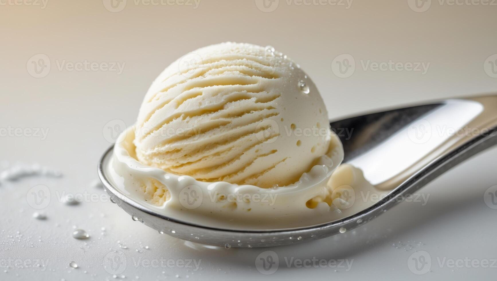 A delightful scoop of creamy vanilla ice cream perfectly placed on a shiny silver spoon photo