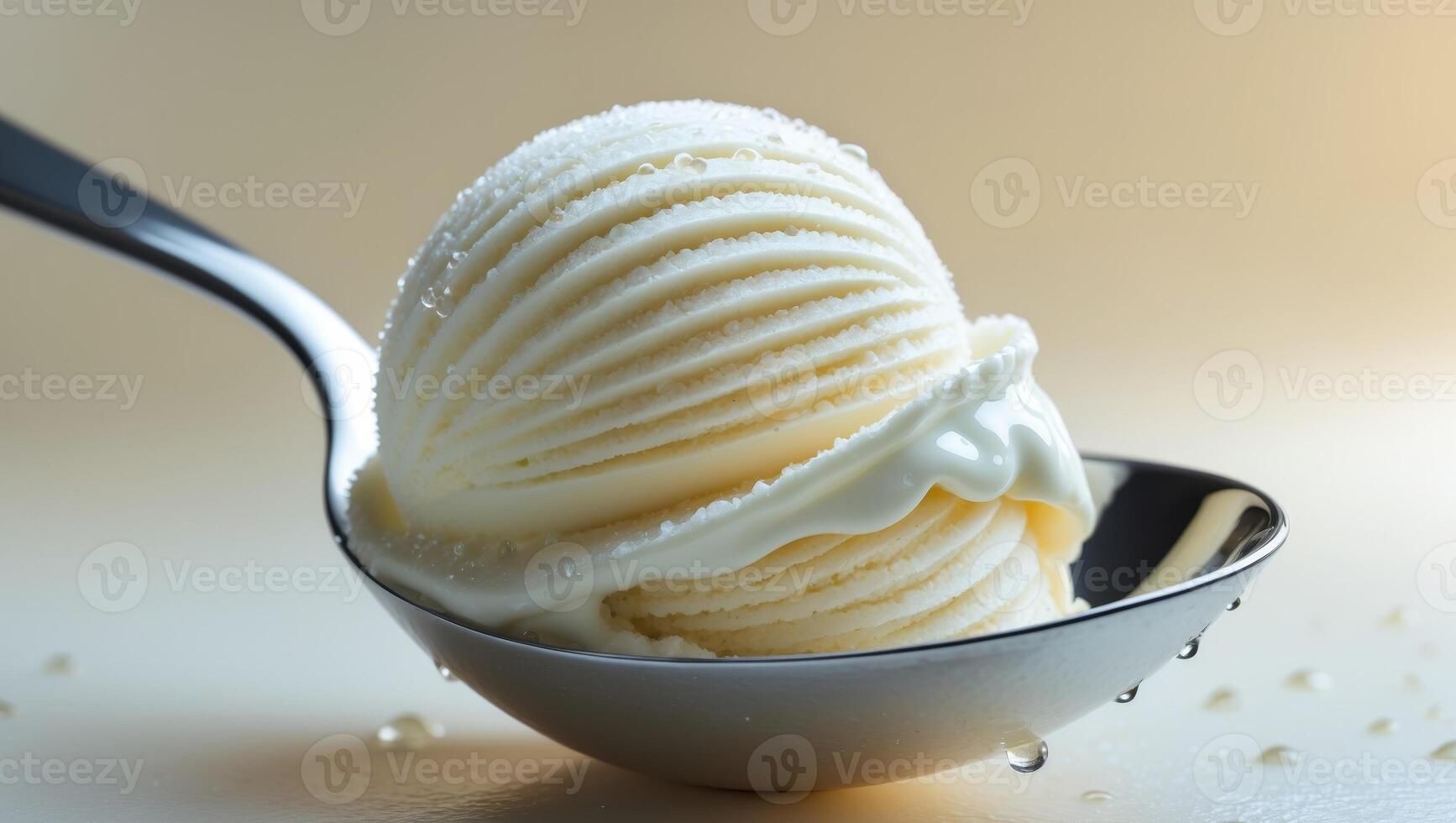 A delightful scoop of creamy vanilla ice cream perfectly placed on a shiny silver spoon. photo