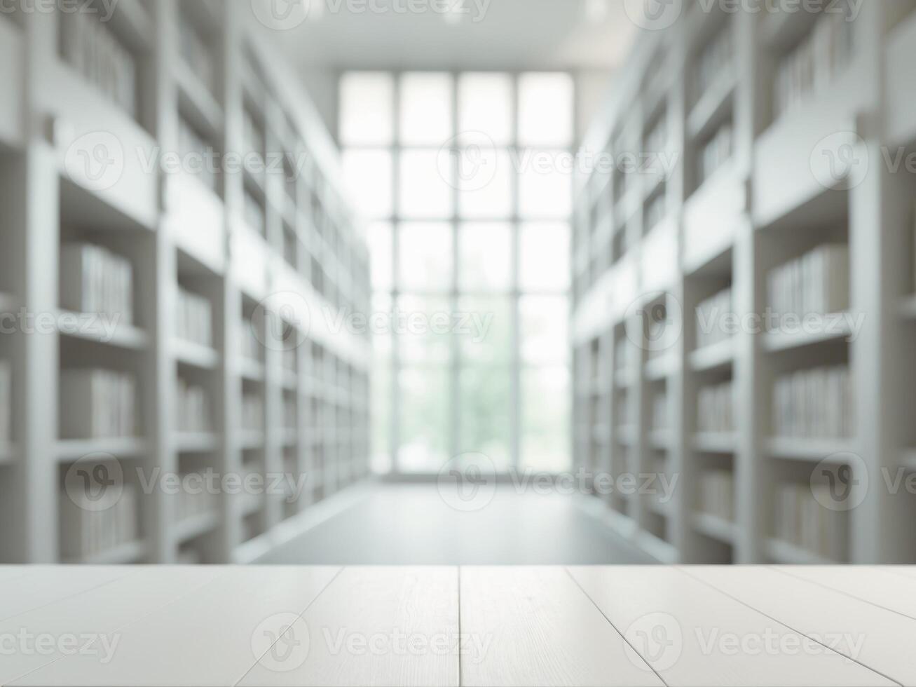 Empty white wooden tabletop on blurred background of modern library with big window and bookshelves. photo