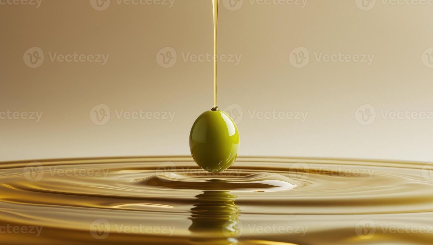 single olive drops into pool of extra virgin olive oil. photo