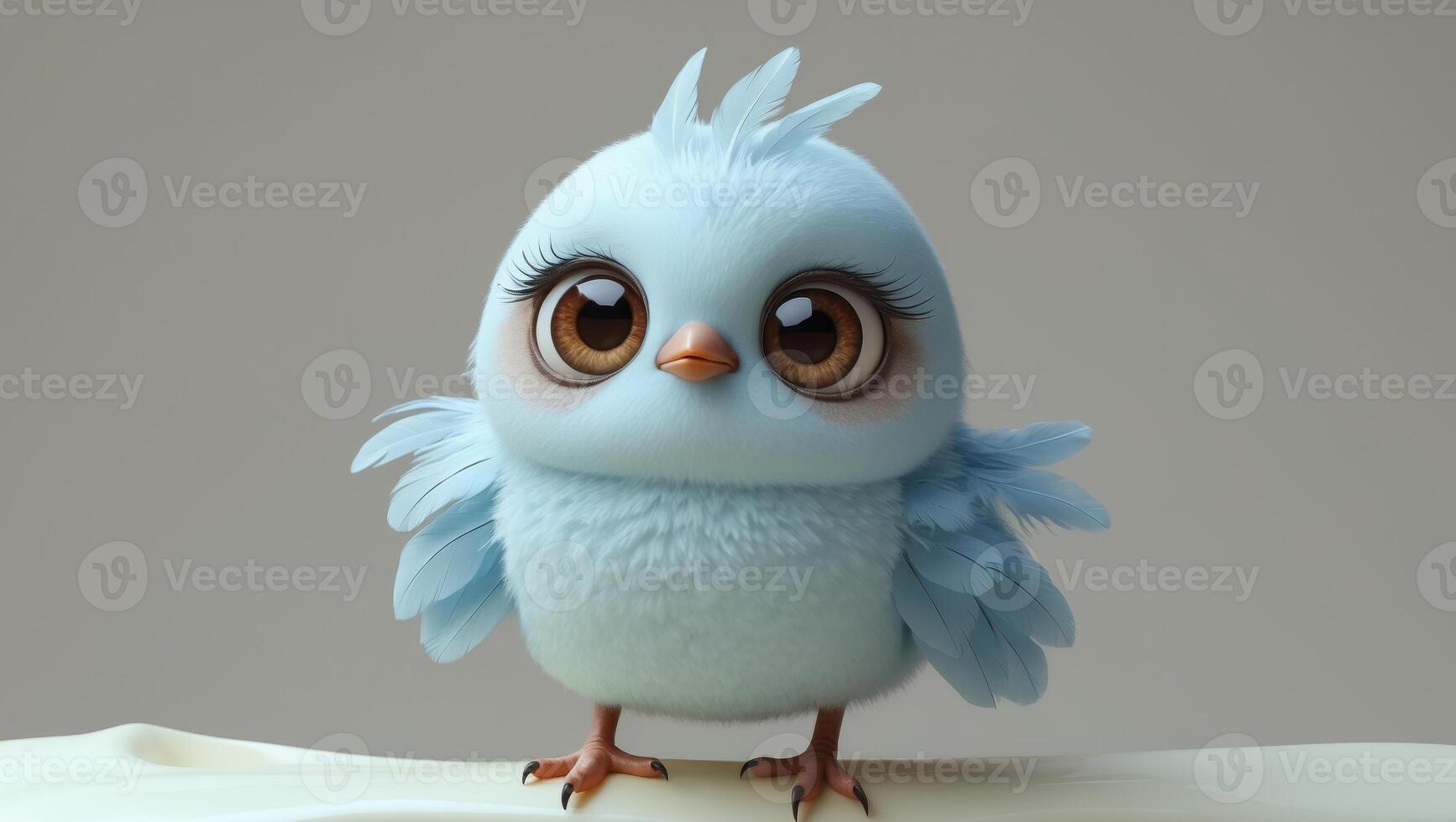 a cute fluffy bird with big eyes stands on a light surface photo