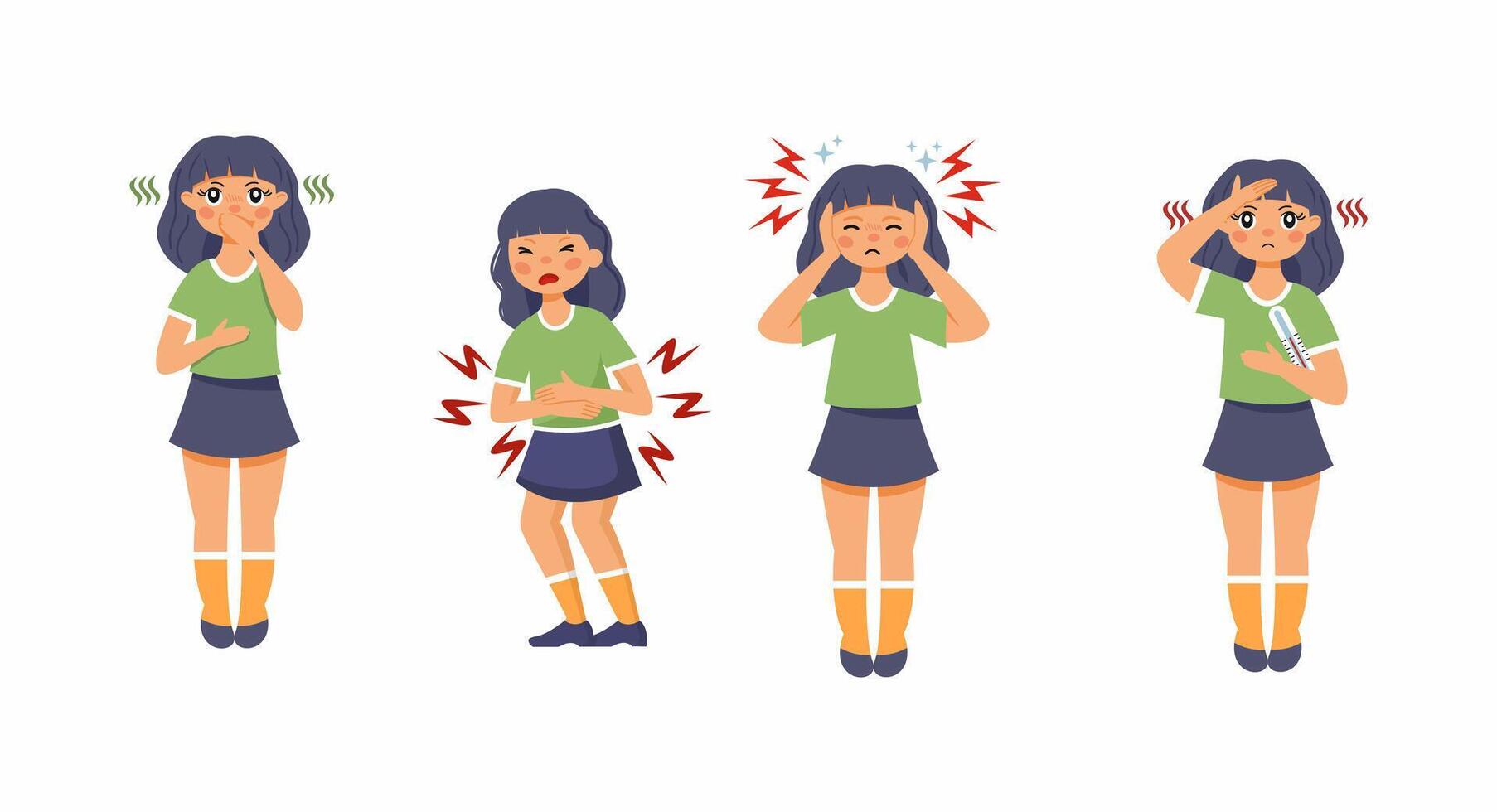 Girl with signs of food poisoning. Symptoms of intestinal infection in child. Nausea, headache, and fever. vector
