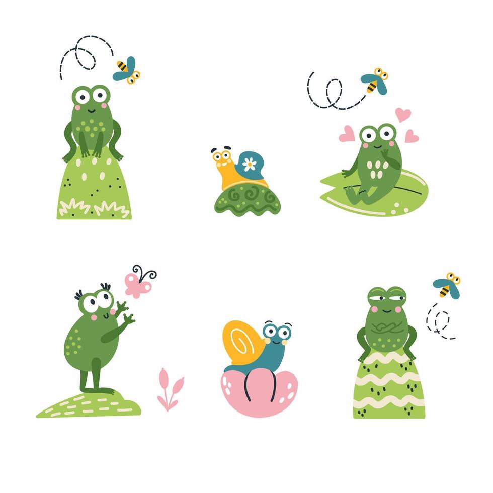 Cute funny frogs. Collection of stickers. vector
