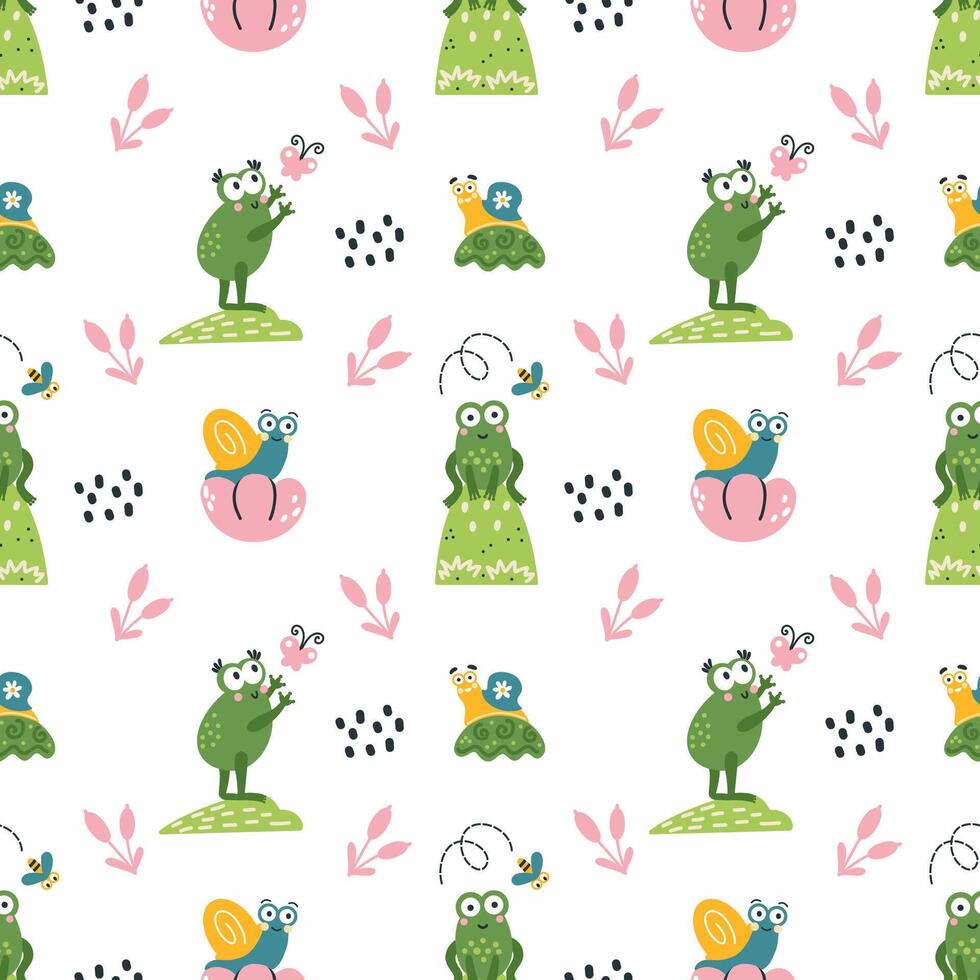 Endless seamless pattern with cute frogs for sewing baby clothes. White background for wrapping paper. vector