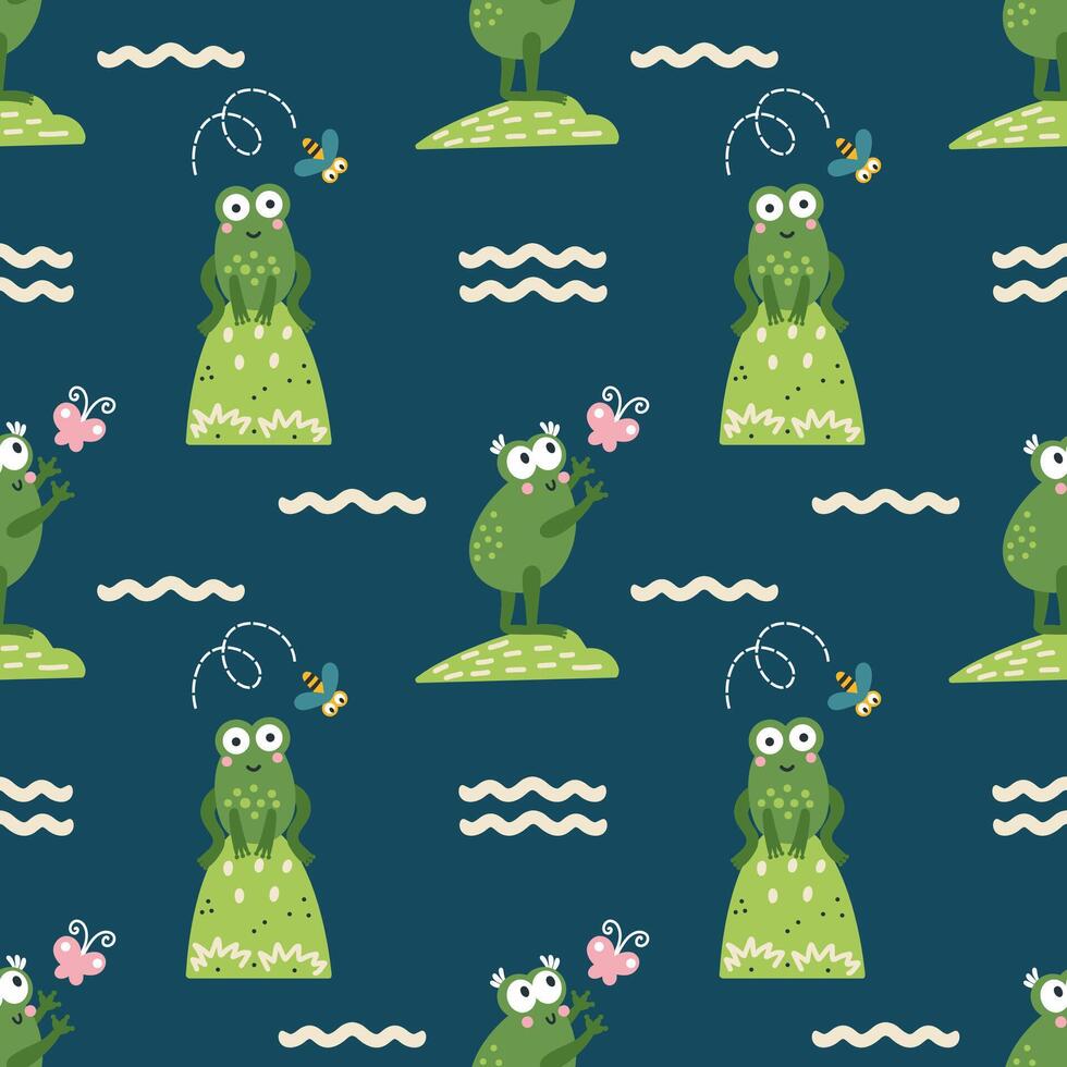 Endless seamless pattern with cute frogs for sewing baby clothes. Green background for wrapping paper. vector