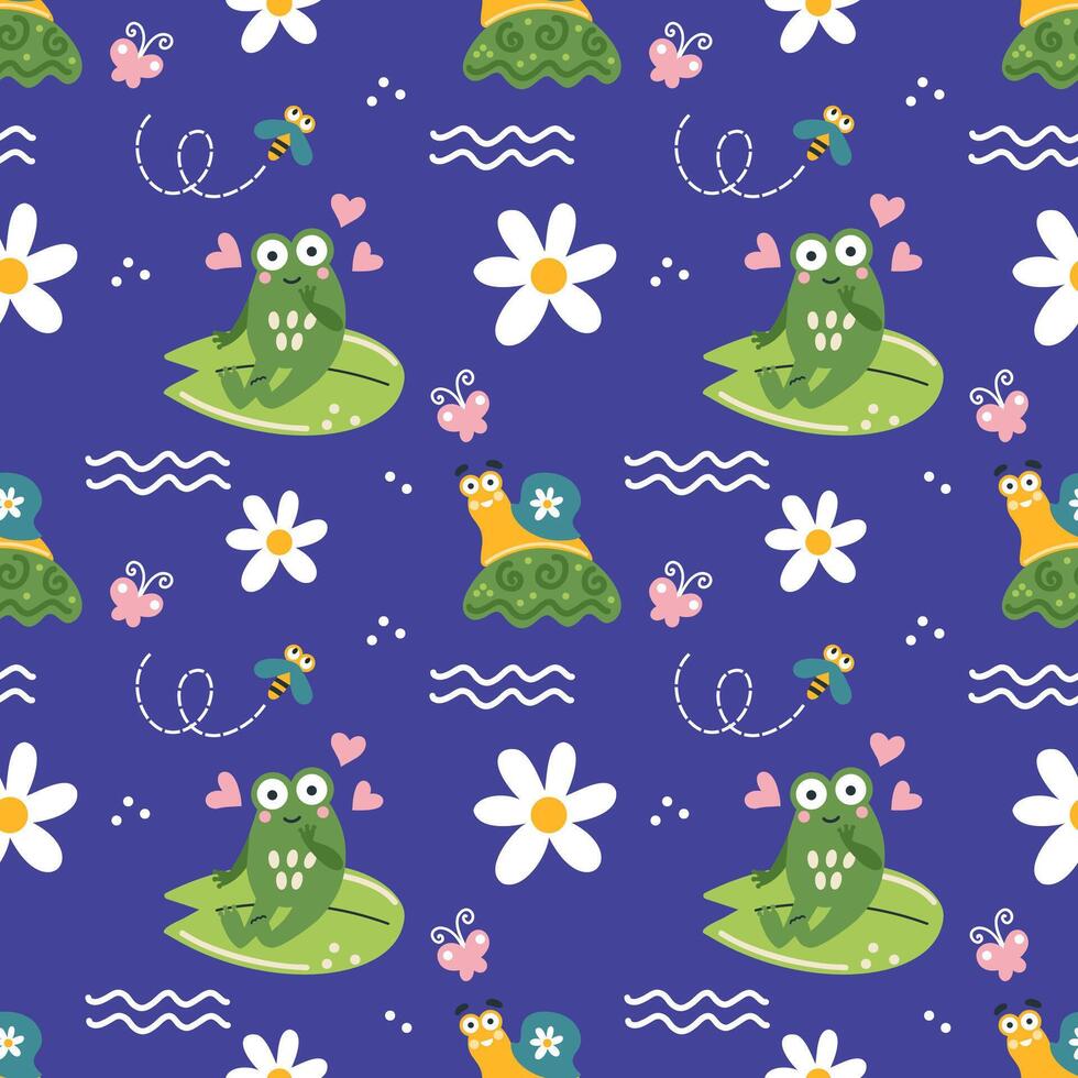 Endless seamless pattern with cute frogs for sewing baby clothes. Purple background for wrapping paper. vector