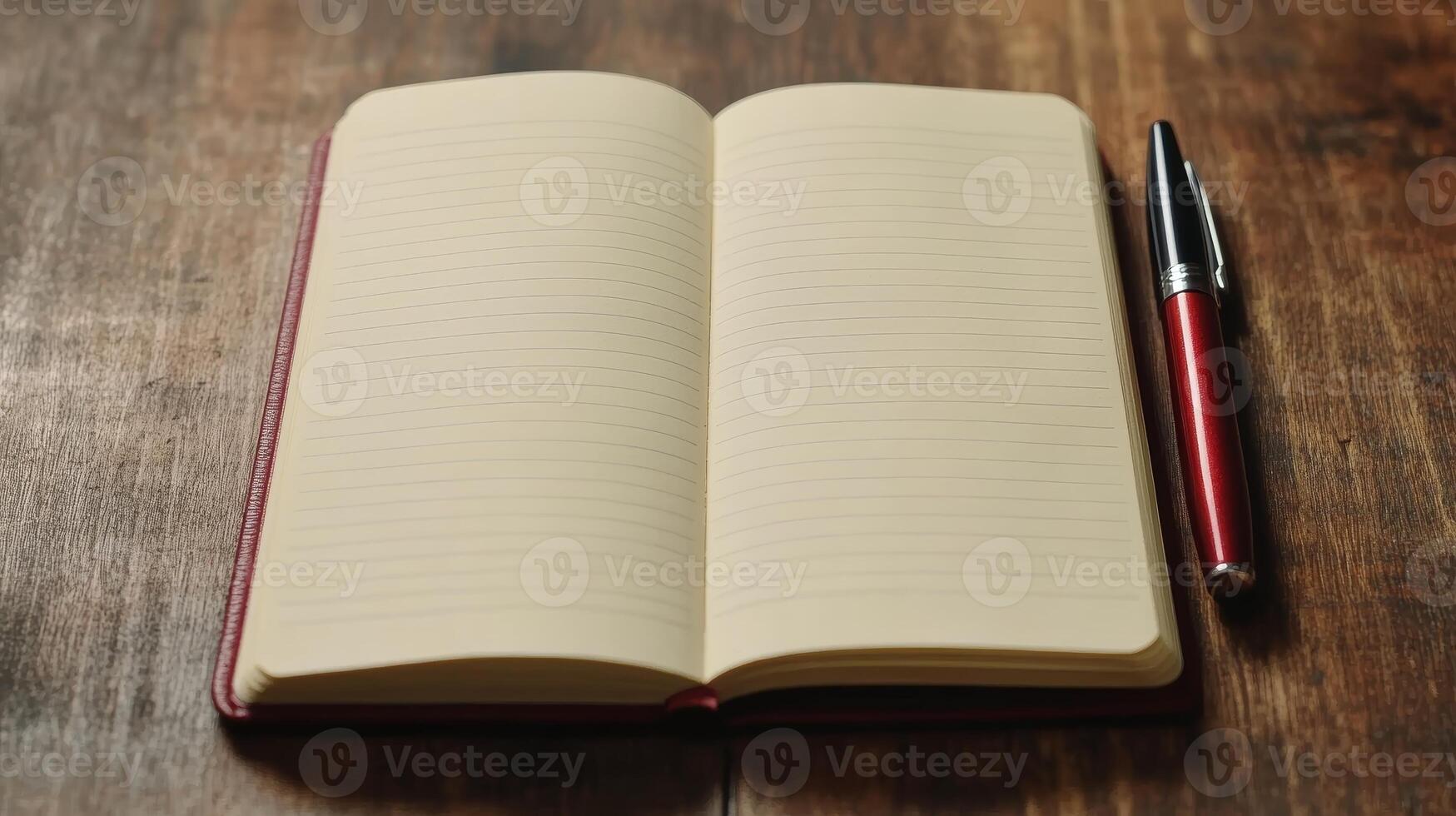 Open Lined Notebook with Red Pen on Rustic Wooden Desk Blank Pages for Notes or Ideas photo