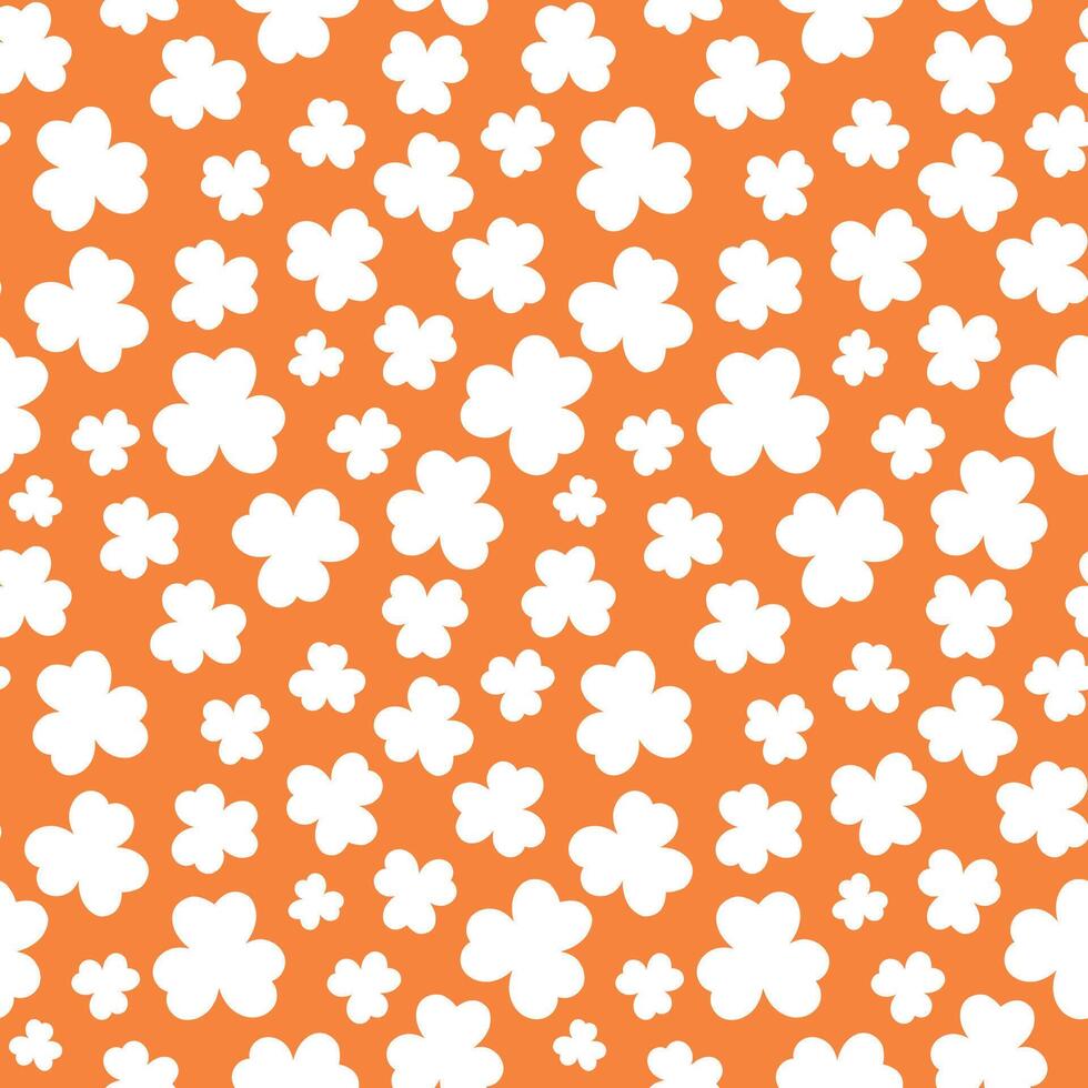 St Patricks Day pattern with shamrocks. Seamless orange background and white clover leaves. Saint Patricks March 17 holiday backdrop. flat illustration. vector