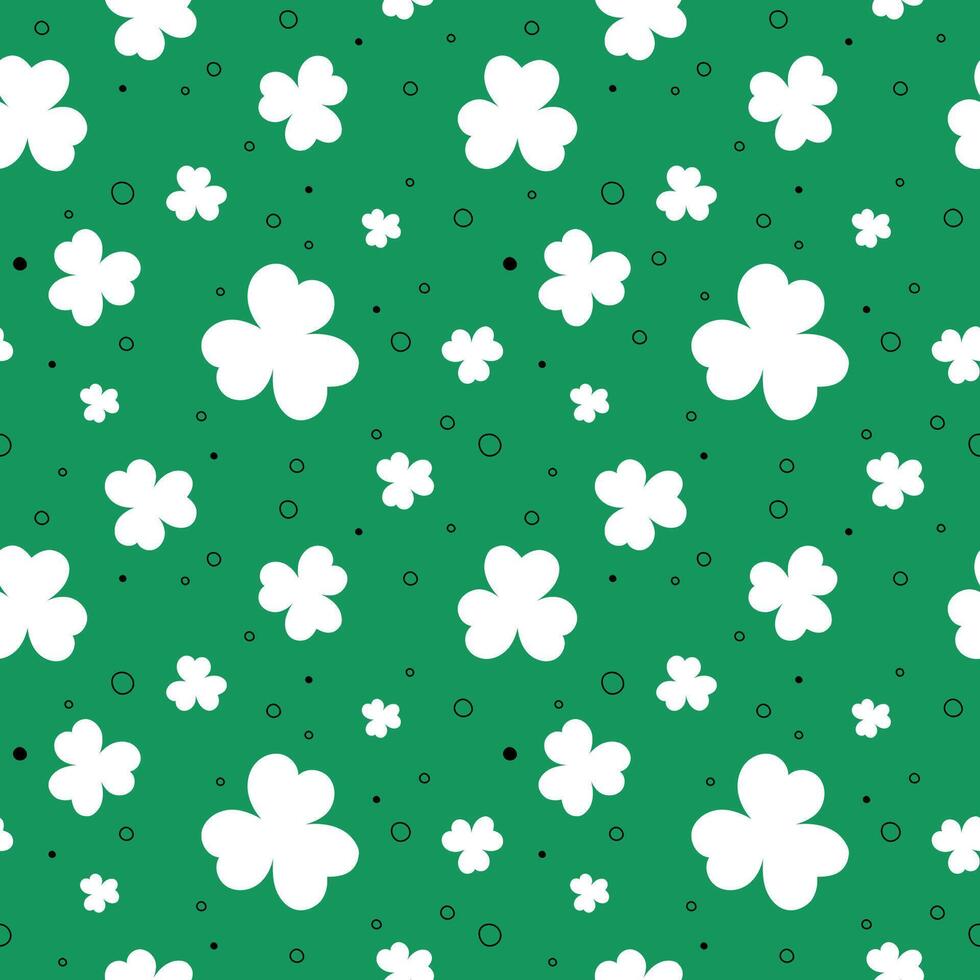 Shamrocks seamless pattern St Patricks Day green background and clover leaves and doodle elements. Saint Patricks March 17 holiday backdrop. flat illustration. vector