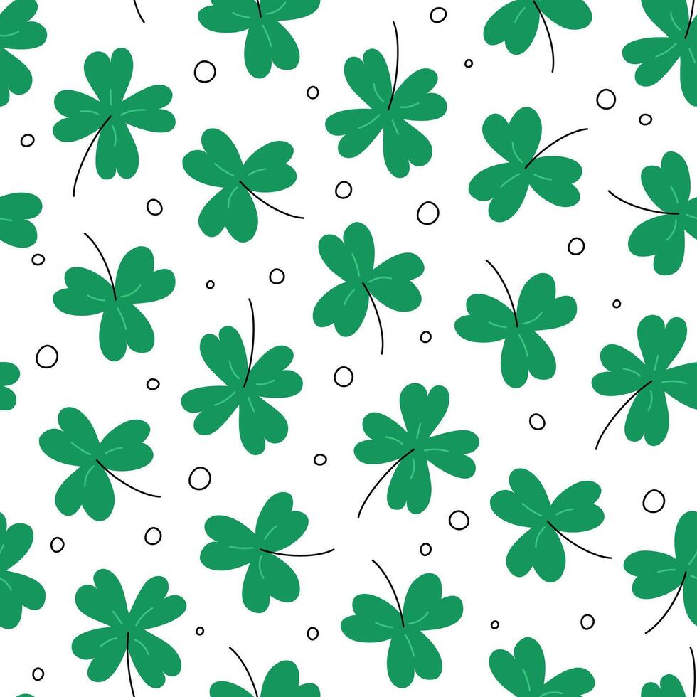 Shamrocks pattern seamless background. St Patricks Day pattern with clover leaves. Saint Patrick March 17 holiday repetitive backdrop. Flat illustration. vector