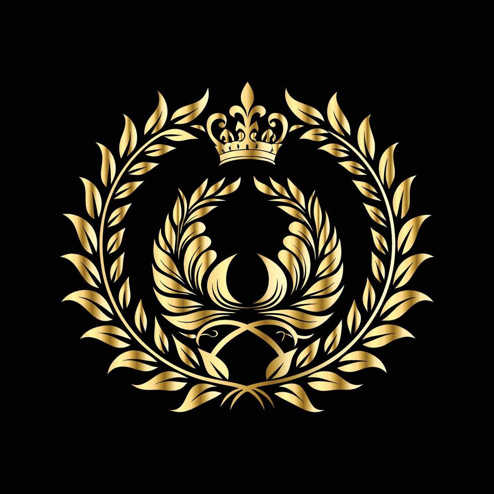 golden laurel wreath with crown on black background. vector