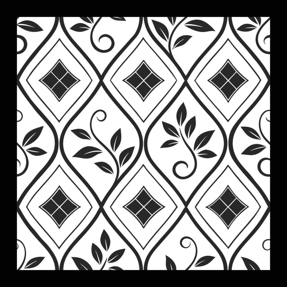 a black and white pattern with leaves and diamonds. Luxurious Black and White Floral Pattern Decorative vector