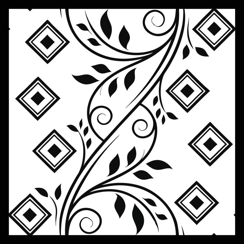 a black and white design with a leaf and diamond pattern. Dynamic Wavy Flower Tile Pattern. vector