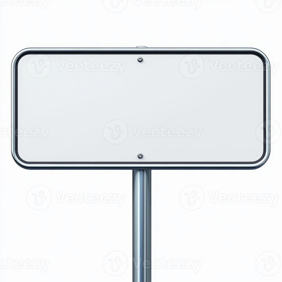 Blank White Rectangular Road Sign Empty Signage Metal Frame Signpost Isolated on White photo
