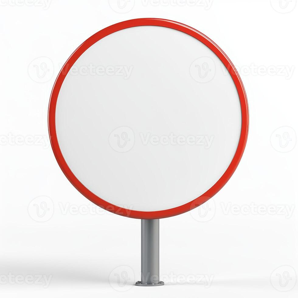 Blank Red Circular Sign Empty Round Traffic Signboard Mockup Template Isolated White Ba photo