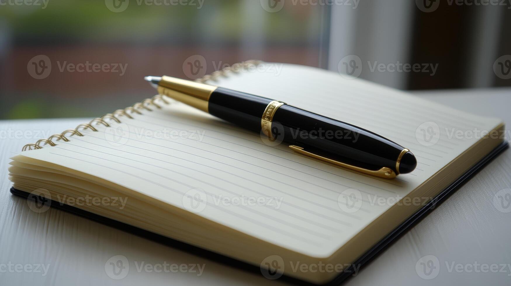 Elegant Black Pen Resting on Open Lined Notebook Ready for Writing or Note Taking photo