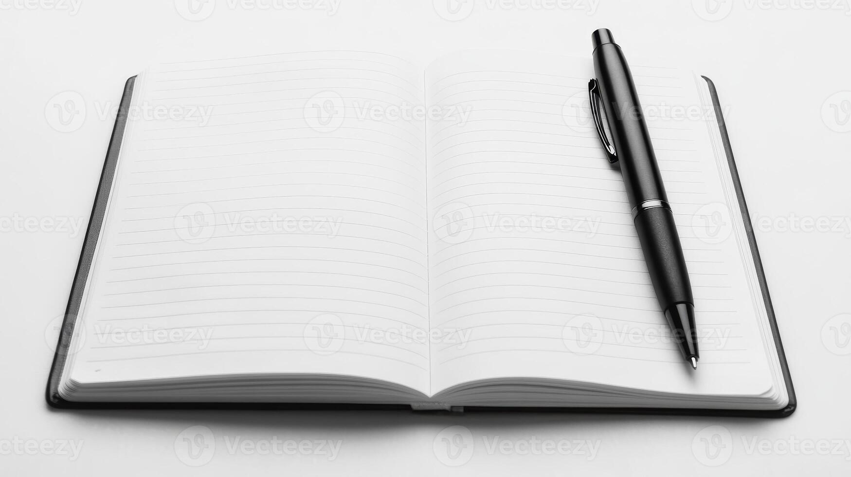 Open Lined Notebook with Black Pen Ready for Writing or Note Taking photo