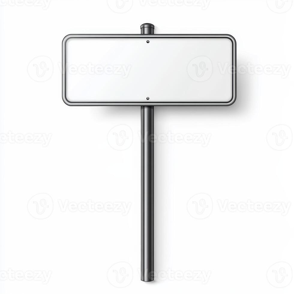 Blank Rectangular Road Sign Empty Signpost White Signboard Metal Frame Isolated Sign photo