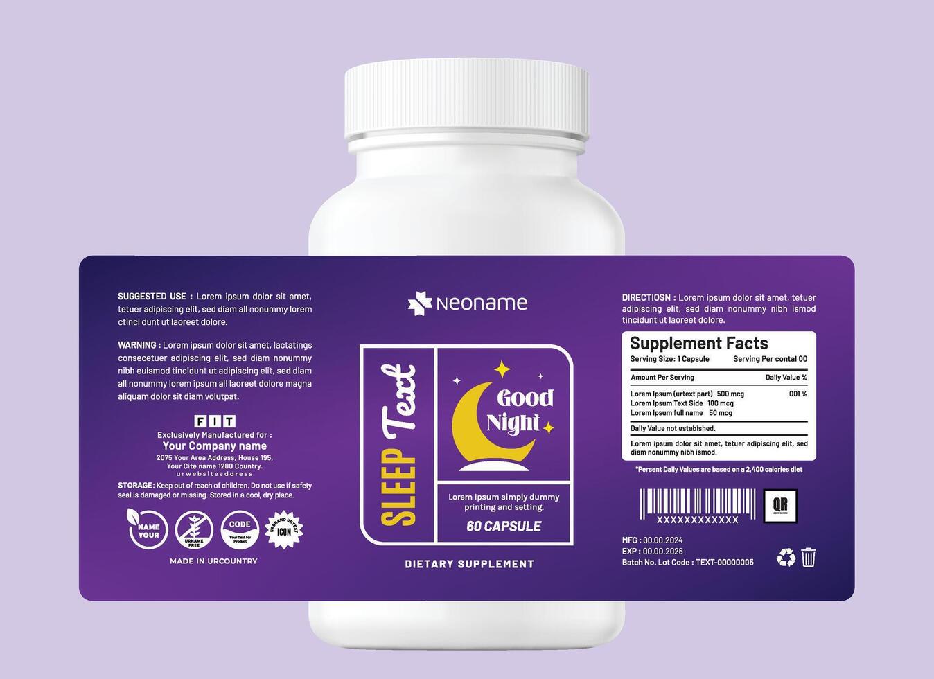Sleek and modern good night sleep dietary supplement label with a minimalist, wellness sleep theme is ideal for health and wellness jar bottle and pouch bag product e-commerce. vector