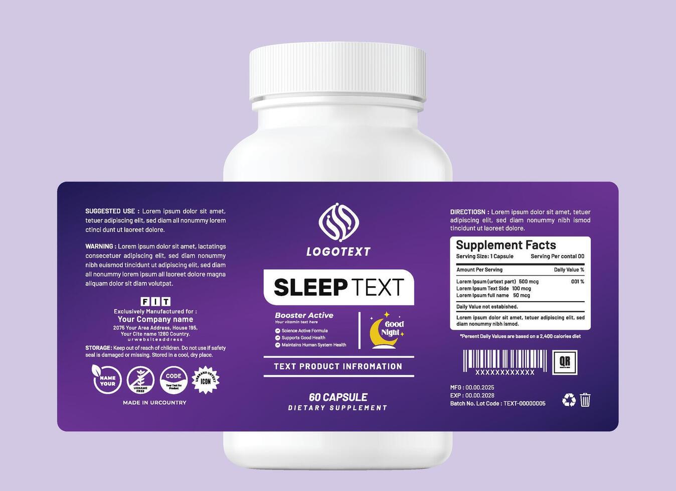 Elegant sleep supplement label packaging in a purple tone, featuring clear typography, modern branding, vitamin bottles, health capsules, jar, and pouch bag packaging design. vector