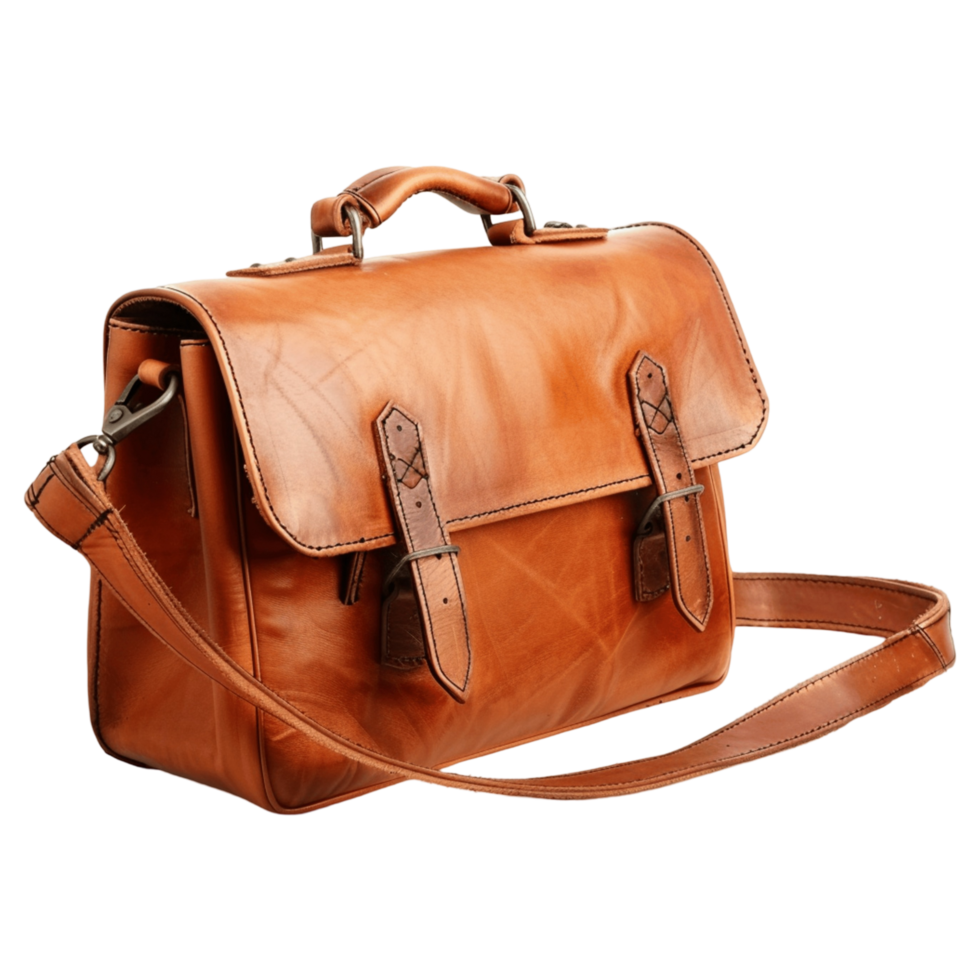 Elegant Brown Leather Messenger Bag with Top Handle png