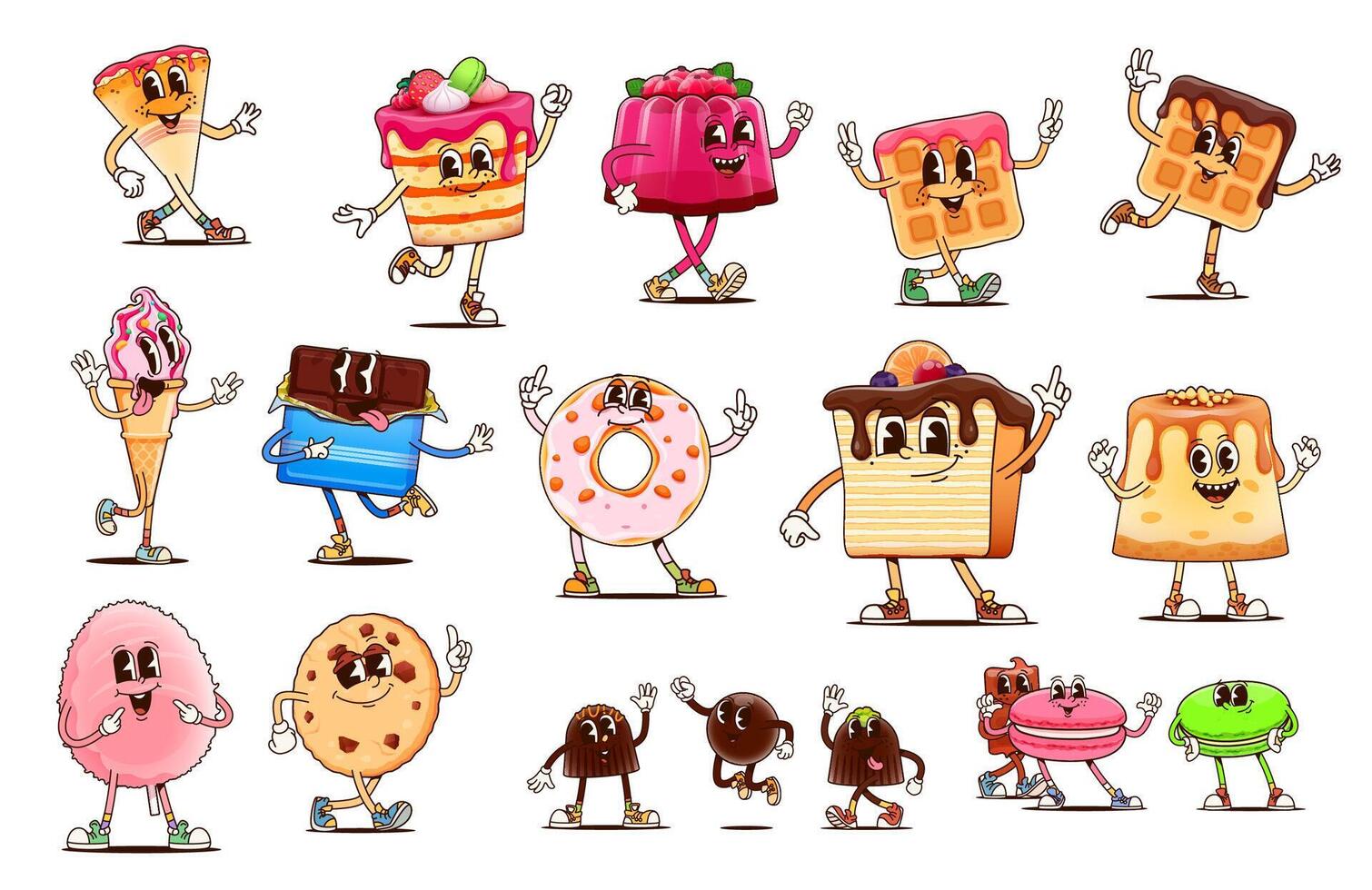 Groovy pastry desserts and bakery food characters vector
