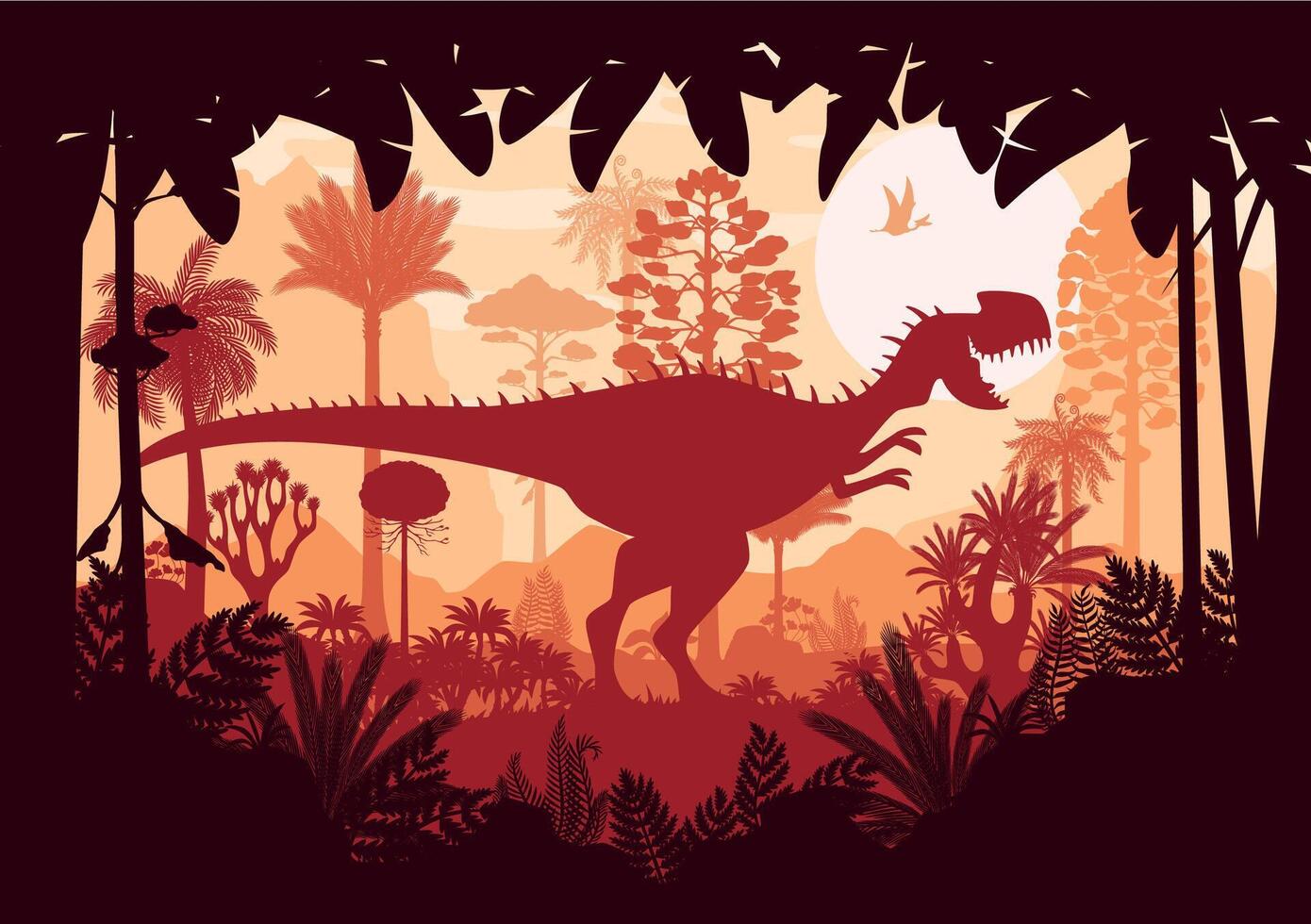 Prehistoric dinosaur silhouettes at jungle forest vector
